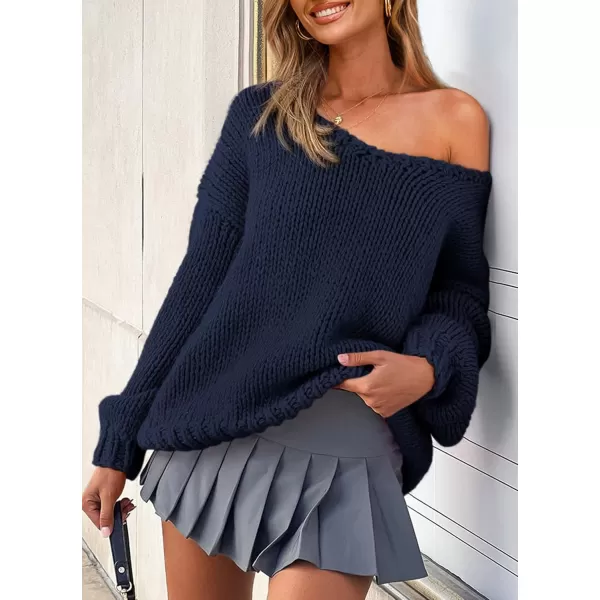 imagePRETTYGARDEN Womens Fall Sweaters 2024 Chunky Loose Long Sleeve V Neck Oversized Dressy Casual Knit Pullover TopsNavy