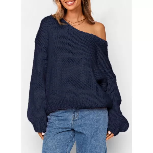 imagePRETTYGARDEN Womens Fall Sweaters 2024 Chunky Loose Long Sleeve V Neck Oversized Dressy Casual Knit Pullover TopsNavy