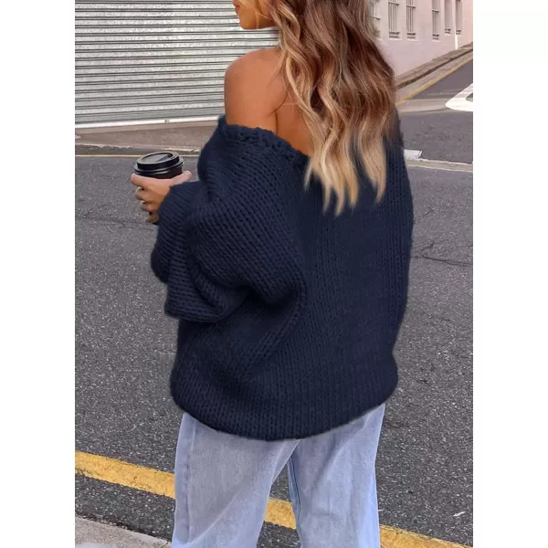imagePRETTYGARDEN Womens Fall Sweaters 2024 Chunky Loose Long Sleeve V Neck Oversized Dressy Casual Knit Pullover TopsNavy