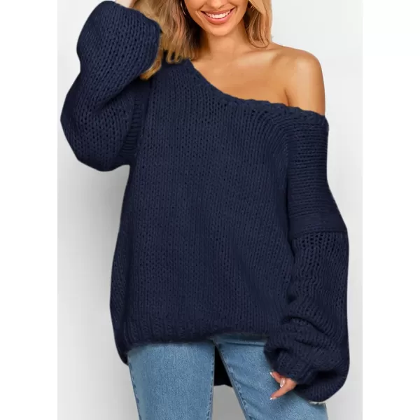 imagePRETTYGARDEN Womens Fall Sweaters 2024 Chunky Loose Long Sleeve V Neck Oversized Dressy Casual Knit Pullover TopsNavy