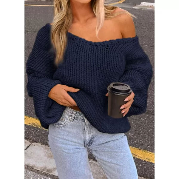 imagePRETTYGARDEN Womens Fall Sweaters 2024 Chunky Loose Long Sleeve V Neck Oversized Dressy Casual Knit Pullover TopsNavy