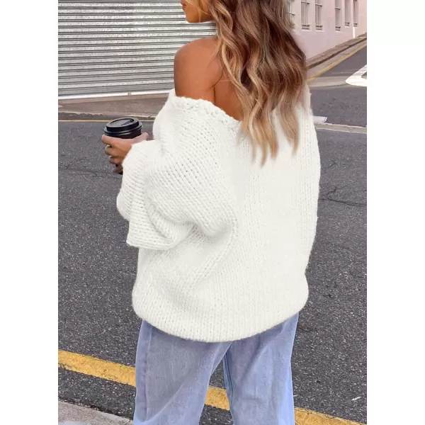 imagePRETTYGARDEN Womens Fall Sweaters 2024 Chunky Loose Long Sleeve V Neck Oversized Dressy Casual Knit Pullover TopsWhite