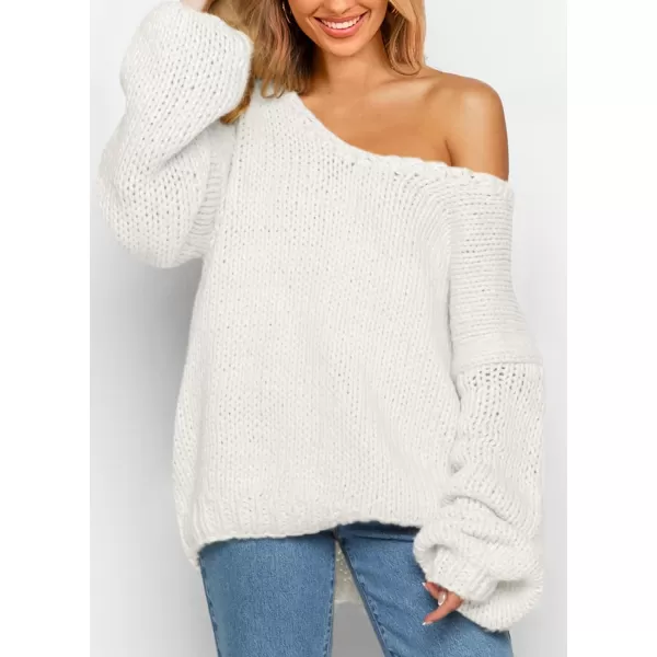 imagePRETTYGARDEN Womens Fall Sweaters 2024 Chunky Loose Long Sleeve V Neck Oversized Dressy Casual Knit Pullover TopsWhite