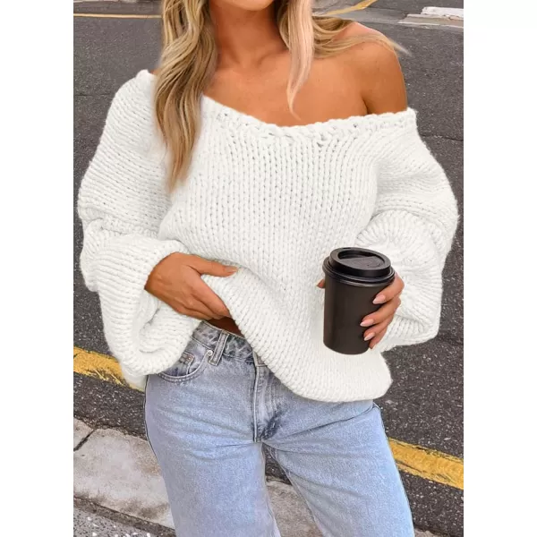 imagePRETTYGARDEN Womens Fall Sweaters 2024 Chunky Loose Long Sleeve V Neck Oversized Dressy Casual Knit Pullover TopsWhite