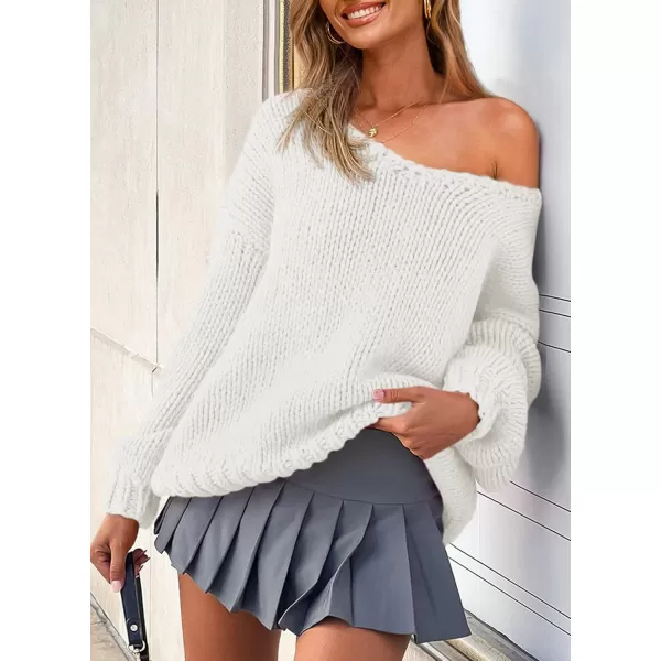 imagePRETTYGARDEN Womens Fall Sweaters 2024 Chunky Loose Long Sleeve V Neck Oversized Dressy Casual Knit Pullover TopsWhite
