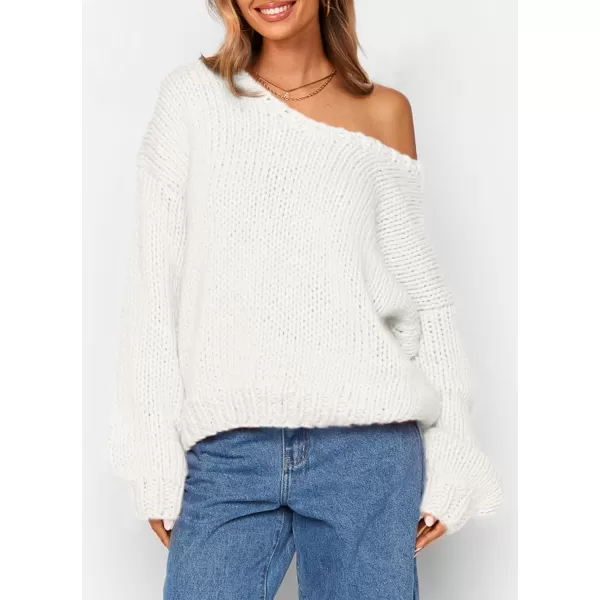 imagePRETTYGARDEN Womens Fall Sweaters 2024 Chunky Loose Long Sleeve V Neck Oversized Dressy Casual Knit Pullover TopsWhite