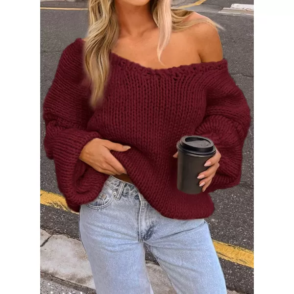 imagePRETTYGARDEN Womens Fall Sweaters 2024 Chunky Loose Long Sleeve V Neck Oversized Dressy Casual Knit Pullover TopsWine Red