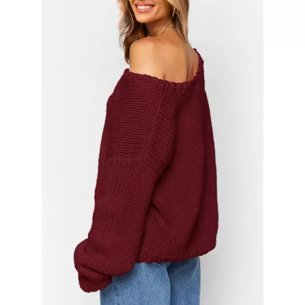 imagePRETTYGARDEN Womens Fall Sweaters 2024 Chunky Loose Long Sleeve V Neck Oversized Dressy Casual Knit Pullover TopsWine Red