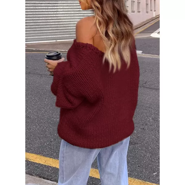 imagePRETTYGARDEN Womens Fall Sweaters 2024 Chunky Loose Long Sleeve V Neck Oversized Dressy Casual Knit Pullover TopsWine Red
