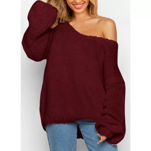 imagePRETTYGARDEN Womens Fall Sweaters 2024 Chunky Loose Long Sleeve V Neck Oversized Dressy Casual Knit Pullover TopsWine Red