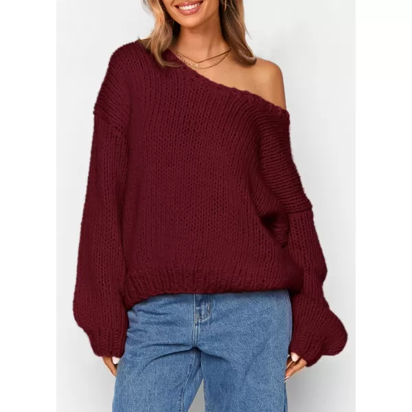 imagePRETTYGARDEN Womens Fall Sweaters 2024 Chunky Loose Long Sleeve V Neck Oversized Dressy Casual Knit Pullover TopsWine Red