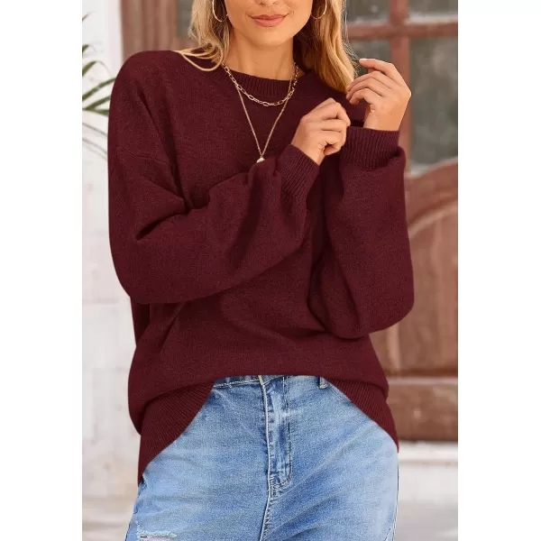 imagePRETTYGARDEN Womens Fall Sweaters Casual Crew Neck Long Sleeve Pullover Ribbed Knit Loose Fit Sweater TopsWine Red