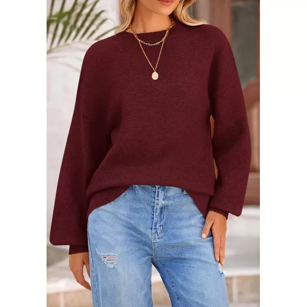 imagePRETTYGARDEN Womens Fall Sweaters Casual Crew Neck Long Sleeve Pullover Ribbed Knit Loose Fit Sweater TopsWine Red