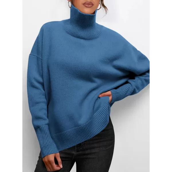 imagePRETTYGARDEN Womens Fall Turtleneck Sweater Long Sleeve Oversized Chunky Knitted Pullover Sweaters Basic Casual Tops BlouseDenim Blue