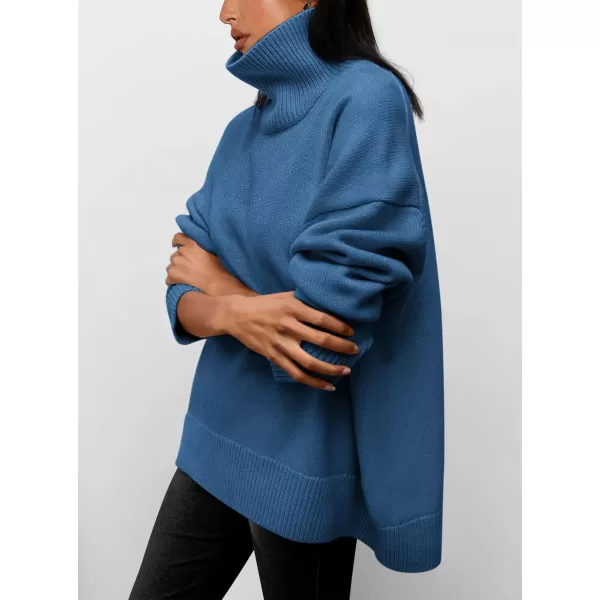 imagePRETTYGARDEN Womens Fall Turtleneck Sweater Long Sleeve Oversized Chunky Knitted Pullover Sweaters Basic Casual Tops BlouseDenim Blue