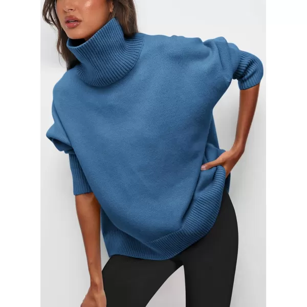 imagePRETTYGARDEN Womens Fall Turtleneck Sweater Long Sleeve Oversized Chunky Knitted Pullover Sweaters Basic Casual Tops BlouseDenim Blue