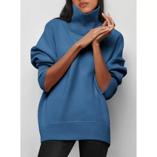 imagePRETTYGARDEN Womens Fall Turtleneck Sweater Long Sleeve Oversized Chunky Knitted Pullover Sweaters Basic Casual Tops BlouseDenim Blue
