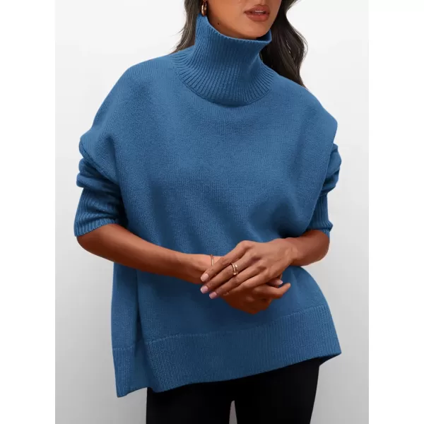 imagePRETTYGARDEN Womens Fall Turtleneck Sweater Long Sleeve Oversized Chunky Knitted Pullover Sweaters Basic Casual Tops BlouseDenim Blue