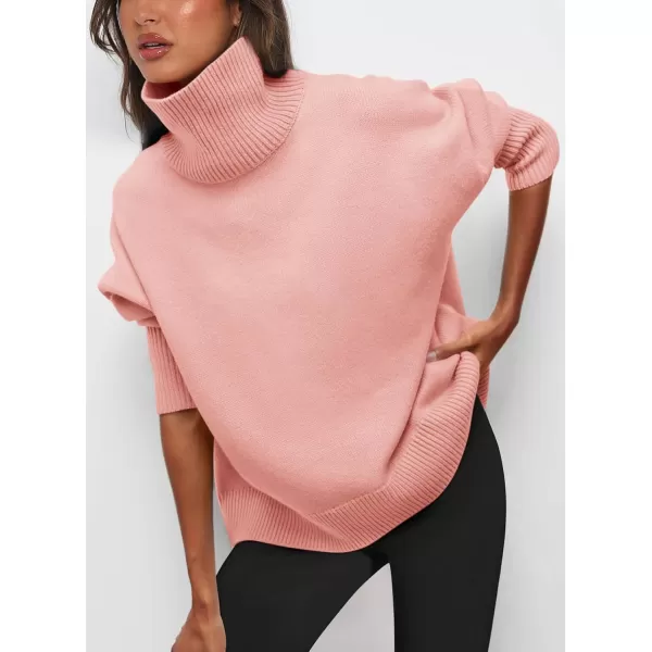 imagePRETTYGARDEN Womens Fall Turtleneck Sweater Long Sleeve Oversized Chunky Knitted Pullover Sweaters Basic Casual Tops BlousePink