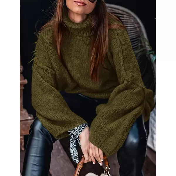 imagePRETTYGARDEN Womens Fall Turtleneck Sweaters Long Sleeve Chunky Knit Slouchy Pullover Sweater TopsArmy Green