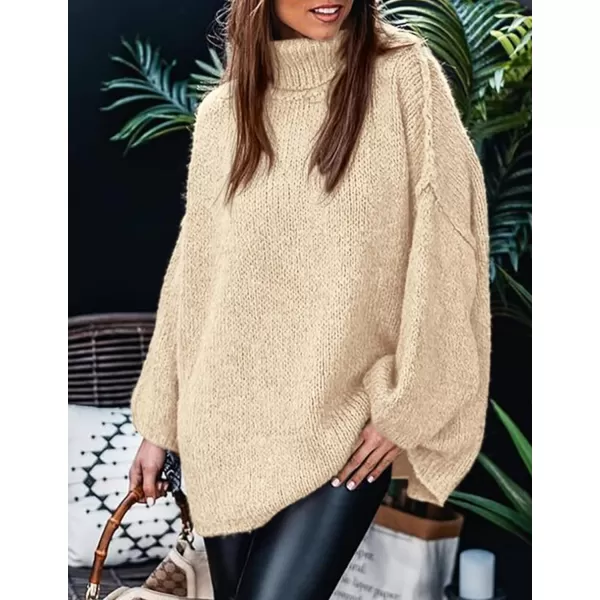 imagePRETTYGARDEN Womens Fall Turtleneck Sweaters Long Sleeve Chunky Knit Slouchy Pullover Sweater TopsBeige