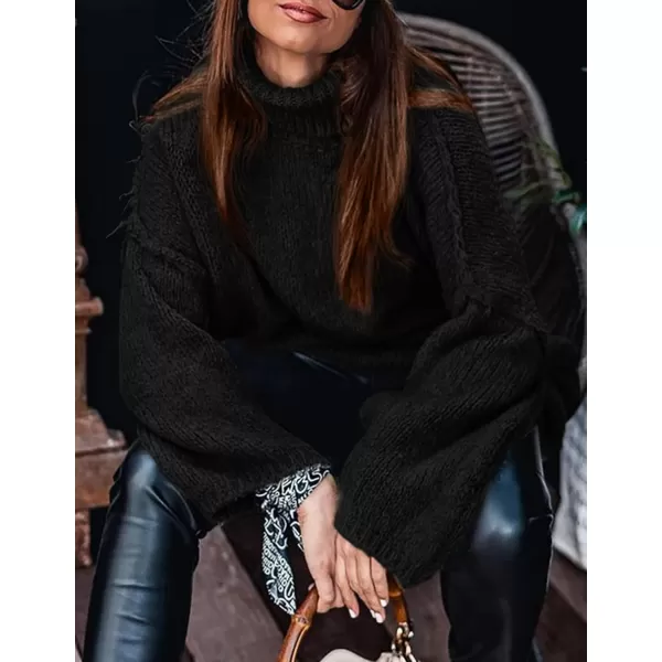 imagePRETTYGARDEN Womens Fall Turtleneck Sweaters Long Sleeve Chunky Knit Slouchy Pullover Sweater TopsBlack
