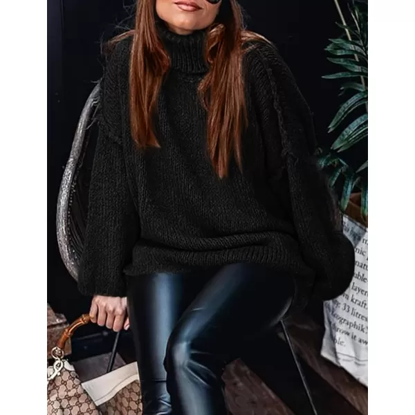imagePRETTYGARDEN Womens Fall Turtleneck Sweaters Long Sleeve Chunky Knit Slouchy Pullover Sweater TopsBlack