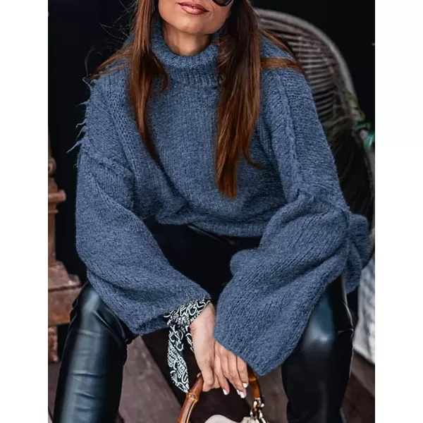 imagePRETTYGARDEN Womens Fall Turtleneck Sweaters Long Sleeve Chunky Knit Slouchy Pullover Sweater TopsBlue