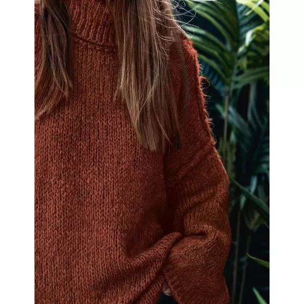 imagePRETTYGARDEN Womens Fall Turtleneck Sweaters Long Sleeve Chunky Knit Slouchy Pullover Sweater TopsBrick Red