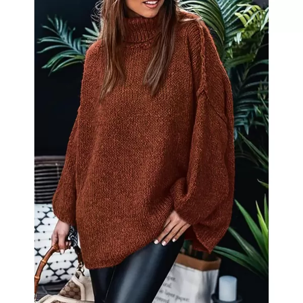 imagePRETTYGARDEN Womens Fall Turtleneck Sweaters Long Sleeve Chunky Knit Slouchy Pullover Sweater TopsBrick Red