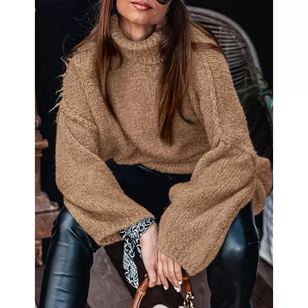 imagePRETTYGARDEN Womens Fall Turtleneck Sweaters Long Sleeve Chunky Knit Slouchy Pullover Sweater TopsCamel