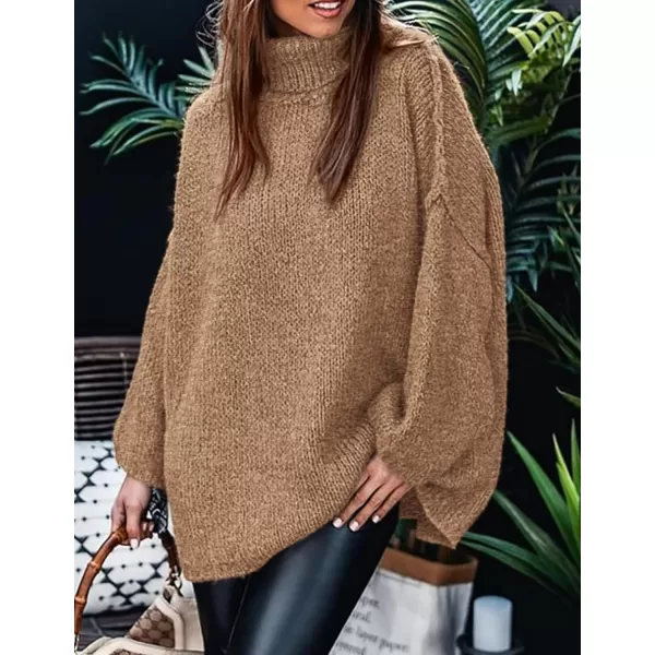 imagePRETTYGARDEN Womens Fall Turtleneck Sweaters Long Sleeve Chunky Knit Slouchy Pullover Sweater TopsCamel