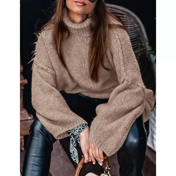 imagePRETTYGARDEN Womens Fall Turtleneck Sweaters Long Sleeve Chunky Knit Slouchy Pullover Sweater TopsKhaki