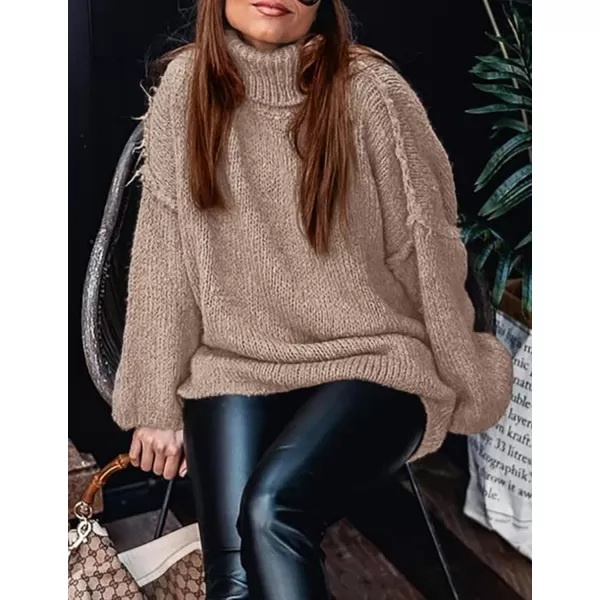 imagePRETTYGARDEN Womens Fall Turtleneck Sweaters Long Sleeve Chunky Knit Slouchy Pullover Sweater TopsKhaki
