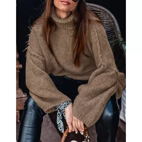 imagePRETTYGARDEN Womens Fall Turtleneck Sweaters Long Sleeve Chunky Knit Slouchy Pullover Sweater TopsLight Brown