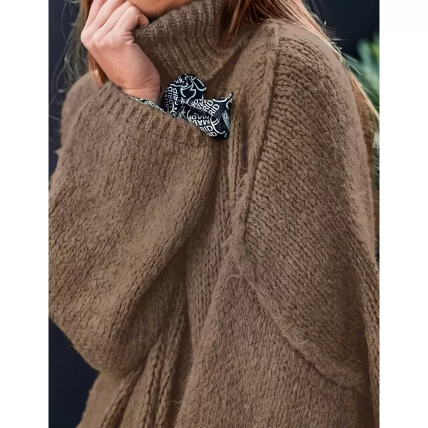imagePRETTYGARDEN Womens Fall Turtleneck Sweaters Long Sleeve Chunky Knit Slouchy Pullover Sweater TopsLight Brown