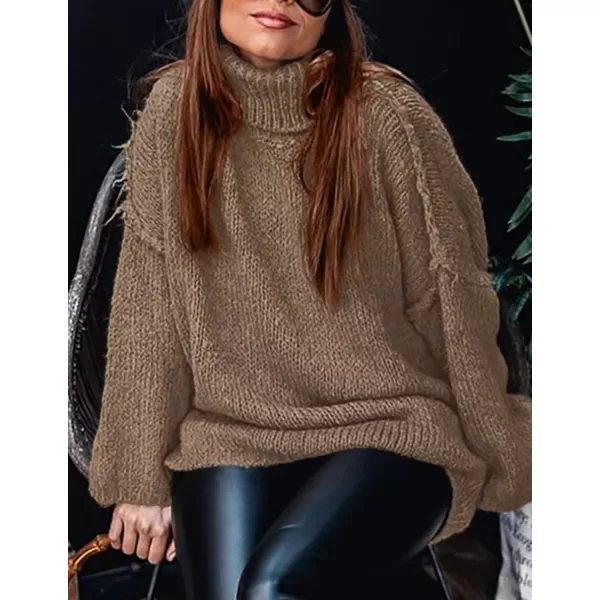 imagePRETTYGARDEN Womens Fall Turtleneck Sweaters Long Sleeve Chunky Knit Slouchy Pullover Sweater TopsLight Brown