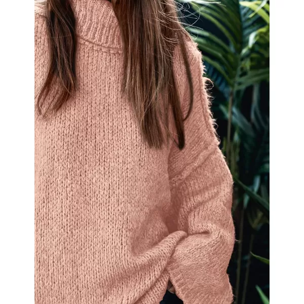 imagePRETTYGARDEN Womens Fall Turtleneck Sweaters Long Sleeve Chunky Knit Slouchy Pullover Sweater TopsLight Pink