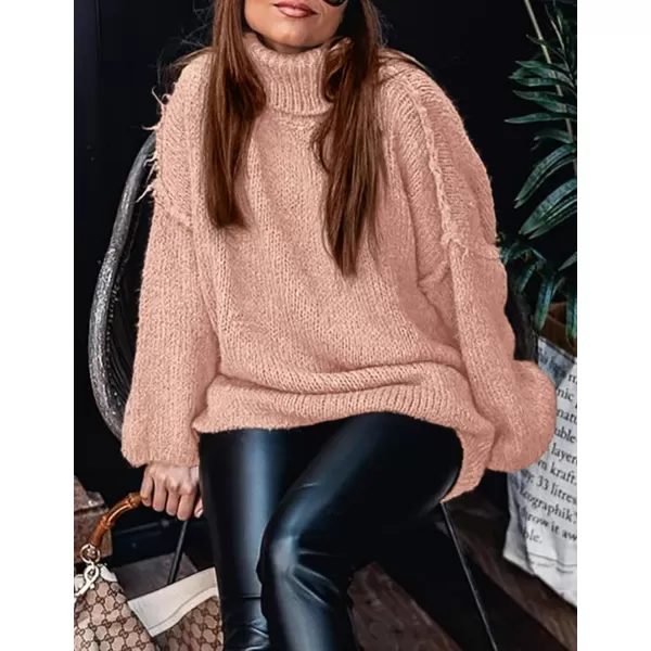 imagePRETTYGARDEN Womens Fall Turtleneck Sweaters Long Sleeve Chunky Knit Slouchy Pullover Sweater TopsLight Pink
