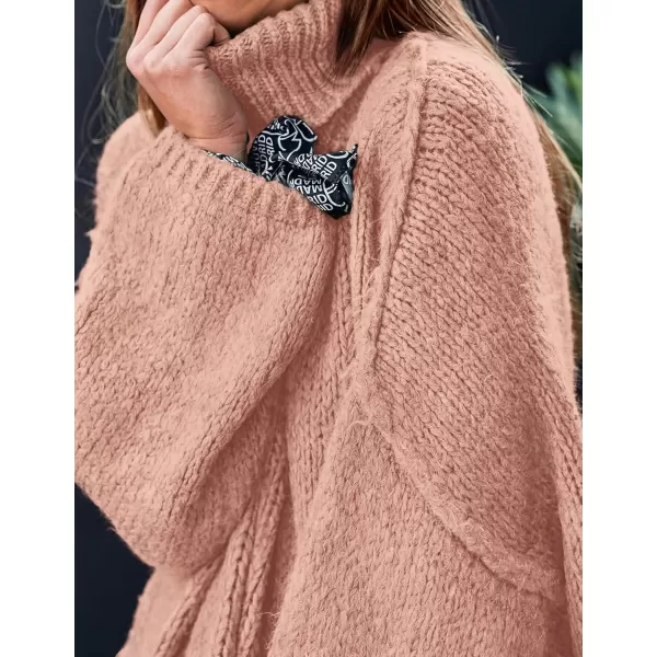 imagePRETTYGARDEN Womens Fall Turtleneck Sweaters Long Sleeve Chunky Knit Slouchy Pullover Sweater TopsLight Pink