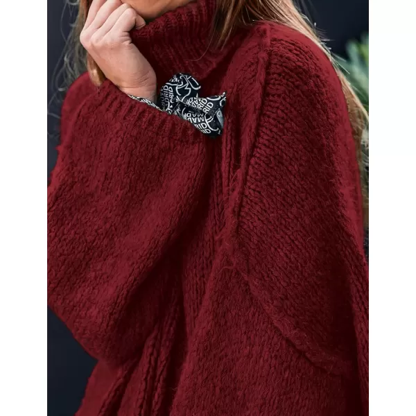 imagePRETTYGARDEN Womens Fall Turtleneck Sweaters Long Sleeve Chunky Knit Slouchy Pullover Sweater TopsWine Red
