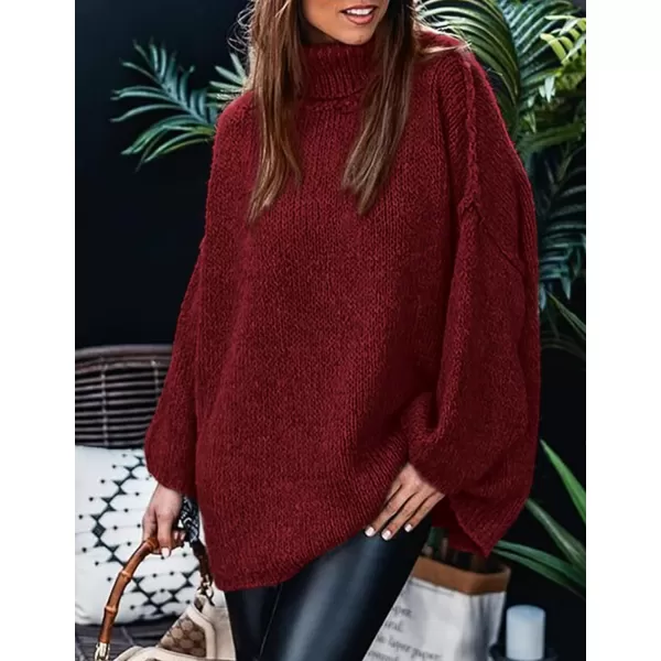 imagePRETTYGARDEN Womens Fall Turtleneck Sweaters Long Sleeve Chunky Knit Slouchy Pullover Sweater TopsWine Red