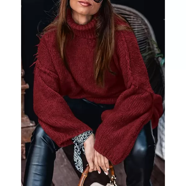 imagePRETTYGARDEN Womens Fall Turtleneck Sweaters Long Sleeve Chunky Knit Slouchy Pullover Sweater TopsWine Red