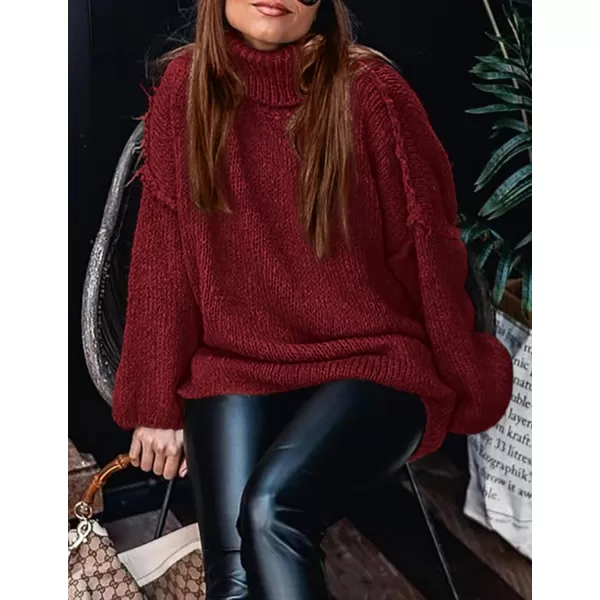 imagePRETTYGARDEN Womens Fall Turtleneck Sweaters Long Sleeve Chunky Knit Slouchy Pullover Sweater TopsWine Red