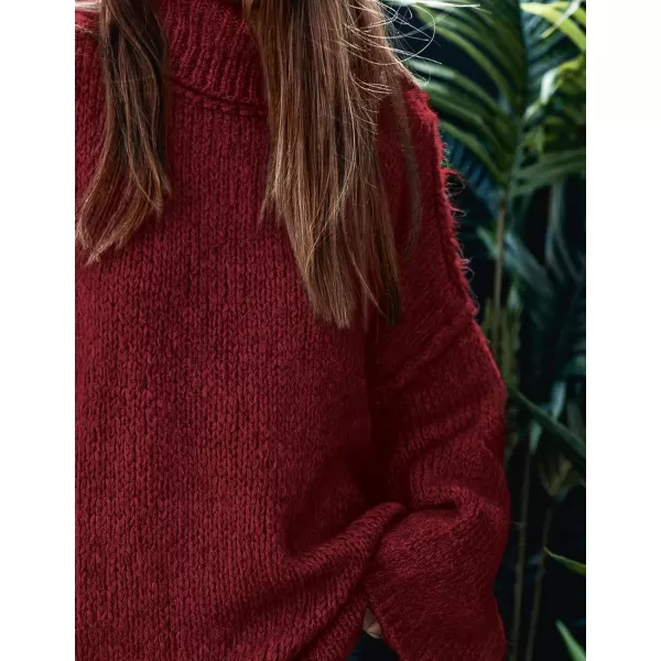 imagePRETTYGARDEN Womens Fall Turtleneck Sweaters Long Sleeve Chunky Knit Slouchy Pullover Sweater TopsWine Red