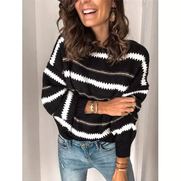 imagePRETTYGARDEN Womens Fashion Long Sleeve Striped Color Block Knitted Sweater Crew Neck Loose Pullover Jumper TopsNarrow Striped Black