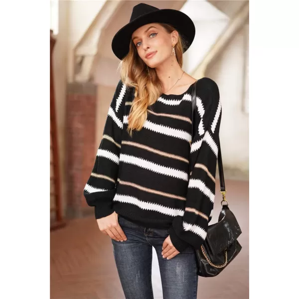 imagePRETTYGARDEN Womens Fashion Long Sleeve Striped Color Block Knitted Sweater Crew Neck Loose Pullover Jumper TopsNarrow Striped Black
