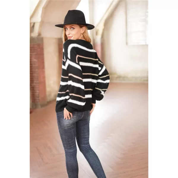 imagePRETTYGARDEN Womens Fashion Long Sleeve Striped Color Block Knitted Sweater Crew Neck Loose Pullover Jumper TopsNarrow Striped Black