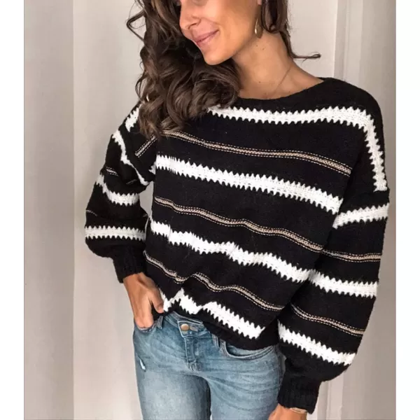 imagePRETTYGARDEN Womens Fashion Long Sleeve Striped Color Block Knitted Sweater Crew Neck Loose Pullover Jumper TopsNarrow Striped Black