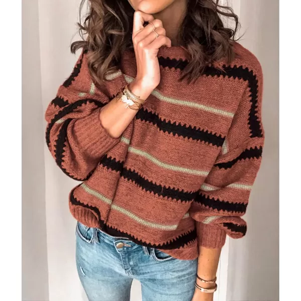 imagePRETTYGARDEN Womens Fashion Long Sleeve Striped Color Block Knitted Sweater Crew Neck Loose Pullover Jumper TopsNarrow Striped Brick Red